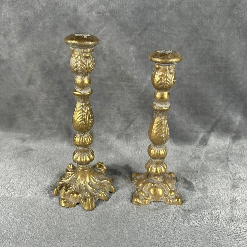 Vintage Antique Gold Cast Metal Candlestick Holders Pair Ornate Heavy Taper Set